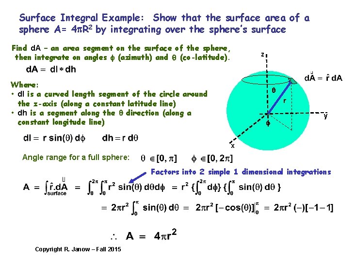 Surface Integral Example: Show that the surface area of a sphere A= 4 p.