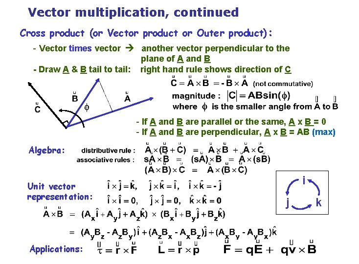 Vector multiplication, continued Cross product (or Vector product or Outer product): - Vector times