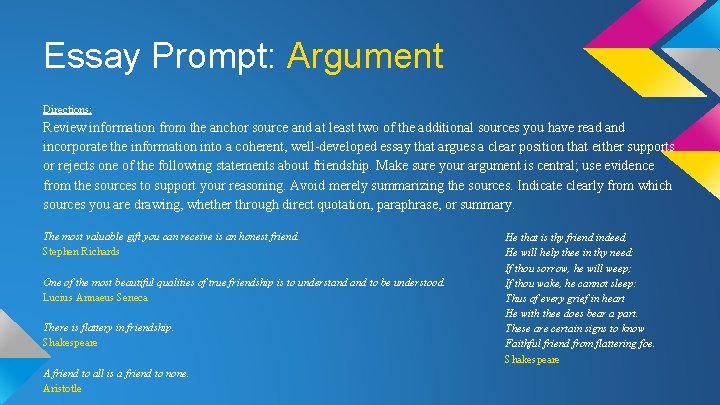 Essay Prompt: Argument Directions: Review information from the anchor source and at least two