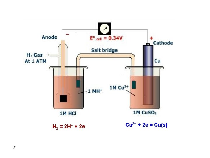 H 2 = 2 H+ + 2 e 21 Cu 2+ + 2 e