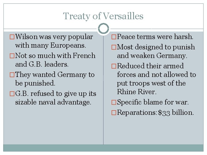 Treaty of Versailles �Wilson was very popular �Peace terms were harsh. with many Europeans.