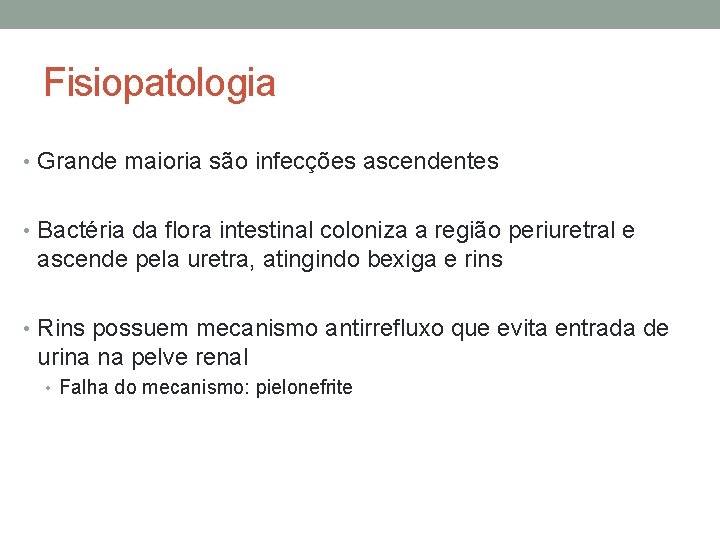 Fisiopatologia • Grande maioria são infecções ascendentes • Bactéria da flora intestinal coloniza a