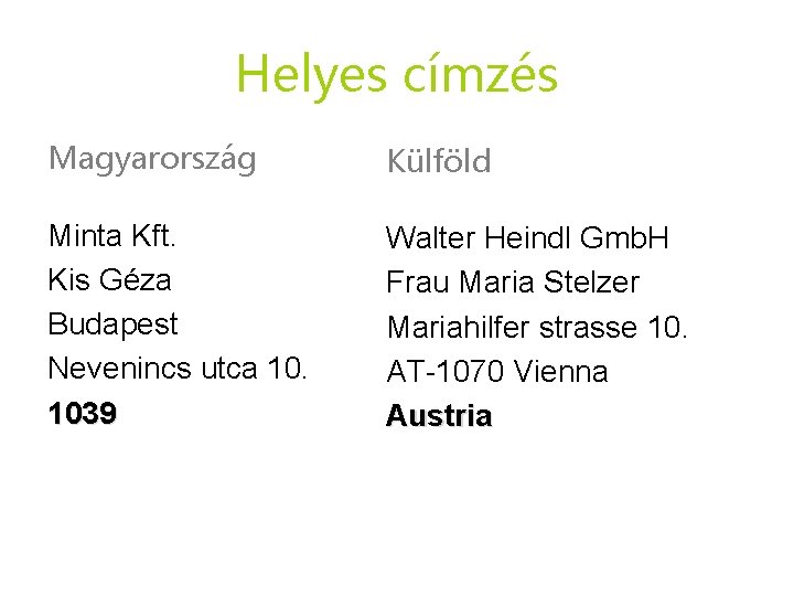 Helyes címzés Magyarország Külföld Minta Kft. Kis Géza Budapest Nevenincs utca 10. 1039 Walter Helyes címzés Magyarország Külföld Minta Kft. Kis Géza Budapest Nevenincs utca 10. 1039 Walter