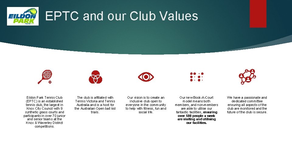 EPTC and our Club Values Eildon Park Tennis Club (EPTC) is an established tennis