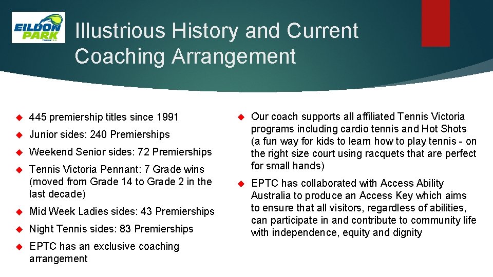 Illustrious History and Current Coaching Arrangement 445 premiership titles since 1991 Junior sides: 240