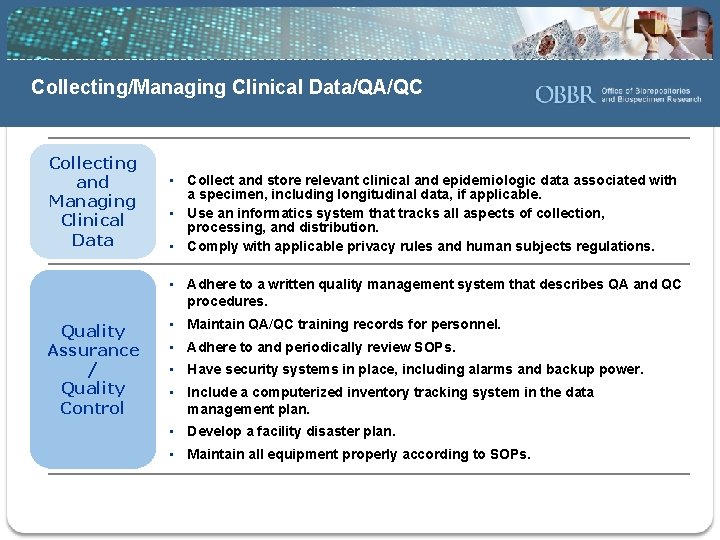 Collecting/Managing Clinical Data/QA/QC Collecting and Managing Clinical Data • Collect and store relevant clinical