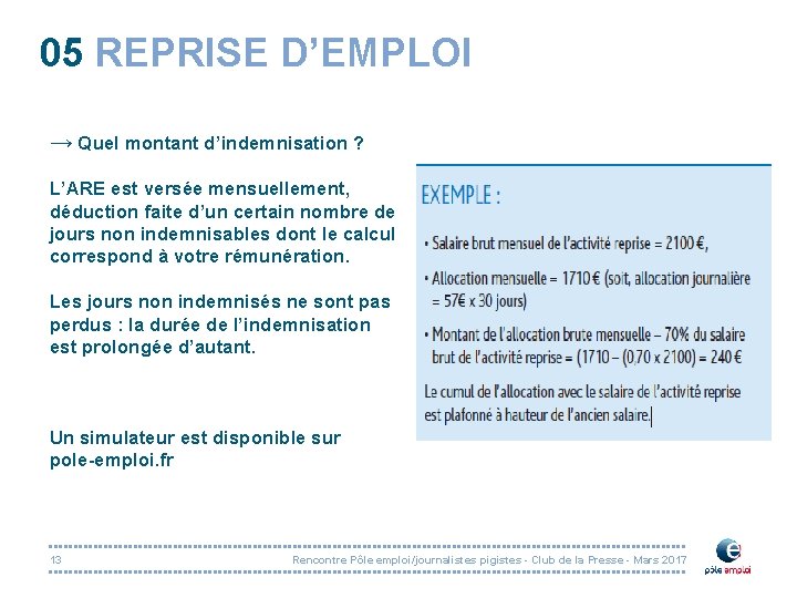 05 REPRISE D’EMPLOI → Quel montant d’indemnisation ? L’ARE est versée mensuellement, déduction faite