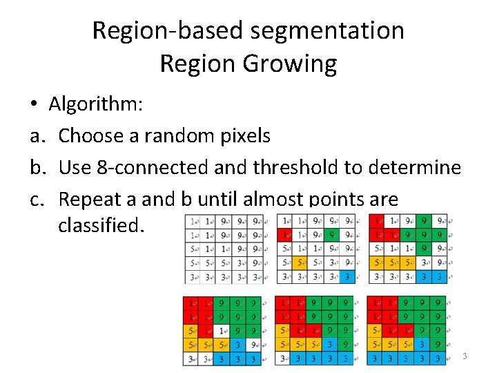 Region-based segmentation Region Growing • Algorithm: a. Choose a random pixels b. Use 8 Region-based segmentation Region Growing • Algorithm: a. Choose a random pixels b. Use 8