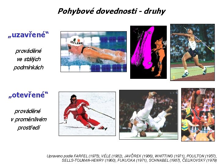 Pohybové dovednosti - druhy „uzavřené“ prováděné ve stálých podmínkách „otevřené“ prováděné v proměnlivém prostředí