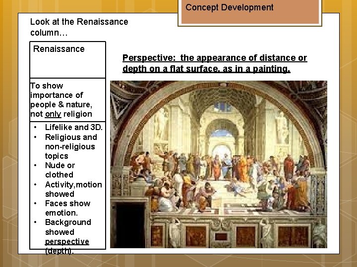 Concept Development Look at the Renaissance column… Renaissance To show importance of people &