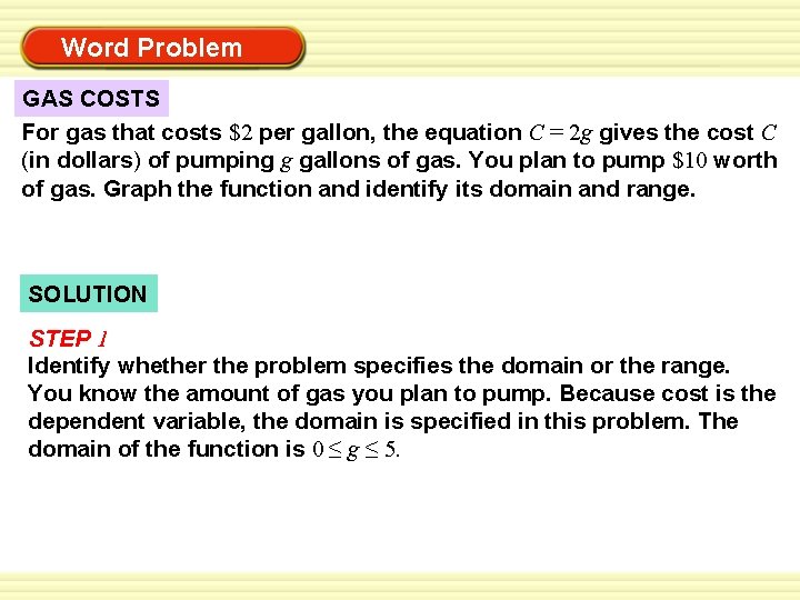 Warm-Up Exercises Word Problem GAS COSTS For gas that costs $2 per gallon, the