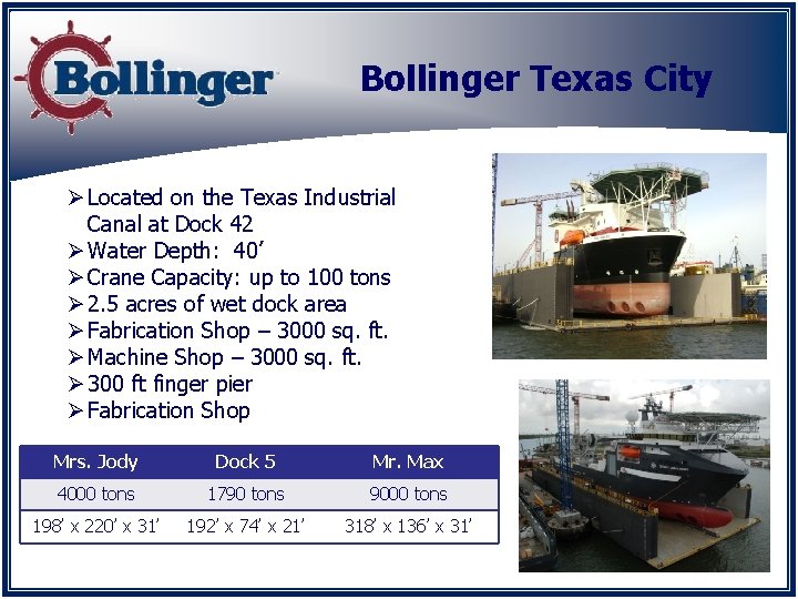 Bollinger Texas City Ø Located on the Texas Industrial Canal at Dock 42 Ø