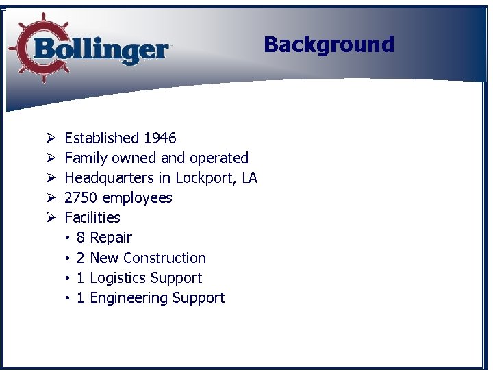 Background Ø Ø Ø Established 1946 Family owned and operated Headquarters in Lockport, LA