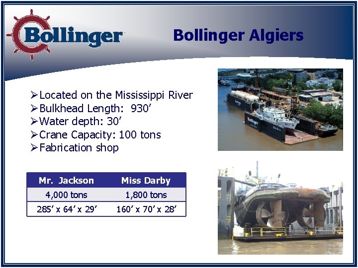 Bollinger Algiers ØLocated on the Mississippi River ØBulkhead Length: 930’ ØWater depth: 30’ ØCrane