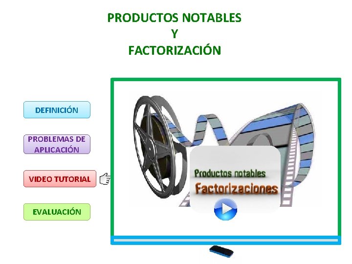 PRODUCTOS NOTABLES Y FACTORIZACIÓN DEFINICIÓN PROBLEMAS DE APLICACIÓN VIDEO TUTORIAL EVALUACIÓN 