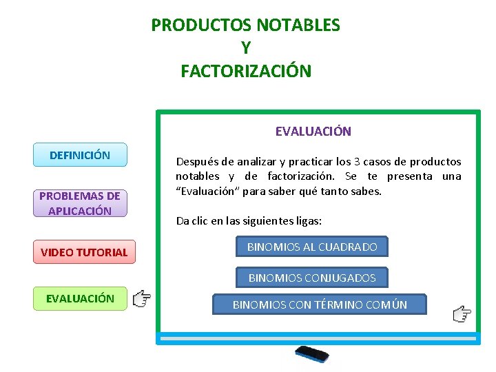 PRODUCTOS NOTABLES Y FACTORIZACIÓN EVALUACIÓN DEFINICIÓN PROBLEMAS DE APLICACIÓN VIDEO TUTORIAL Después de analizar