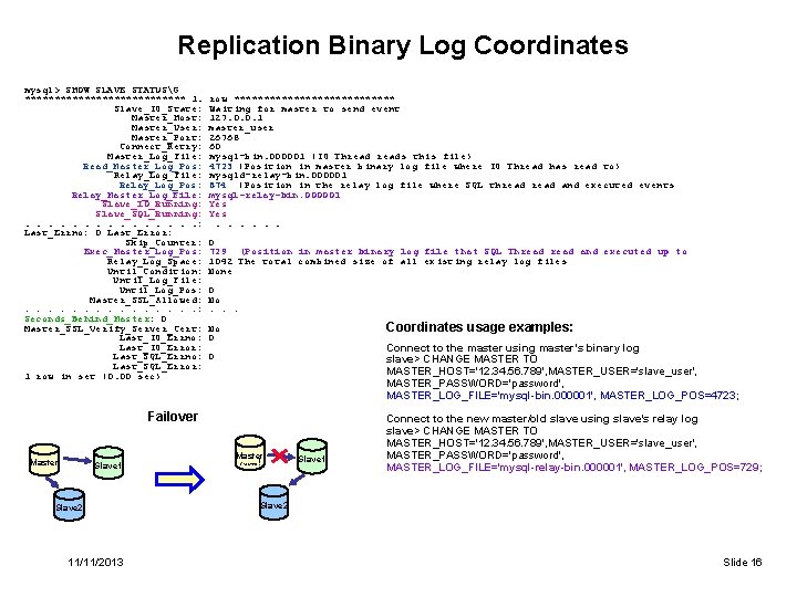 Replication Binary Log Coordinates mysql> SHOW SLAVE STATUSG ************** 1. row ************** Slave_IO_State: Waiting Replication Binary Log Coordinates mysql> SHOW SLAVE STATUSG ************** 1. row ************** Slave_IO_State: Waiting