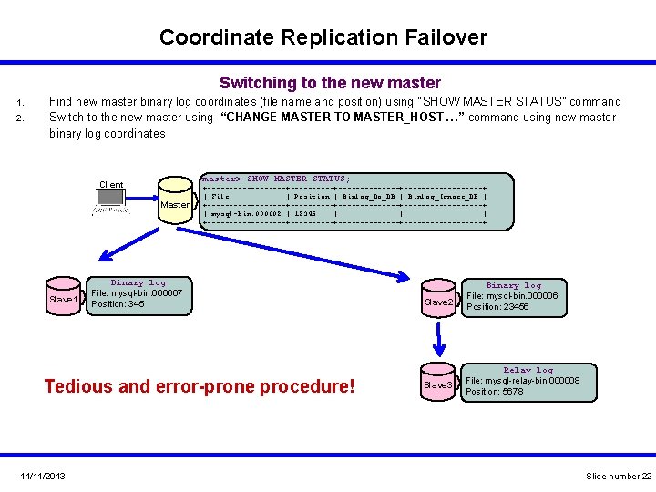 Coordinate Replication Failover Switching to the new master 1. 2. Find new master binary Coordinate Replication Failover Switching to the new master 1. 2. Find new master binary