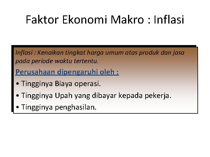 Faktor Ekonomi Makro : Inflasi : Kenaikan tingkat harga umum atas produk dan jasa