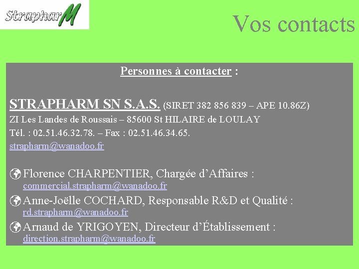 Vos contacts Personnes à contacter : STRAPHARM SN S. A. S. (SIRET 382 856