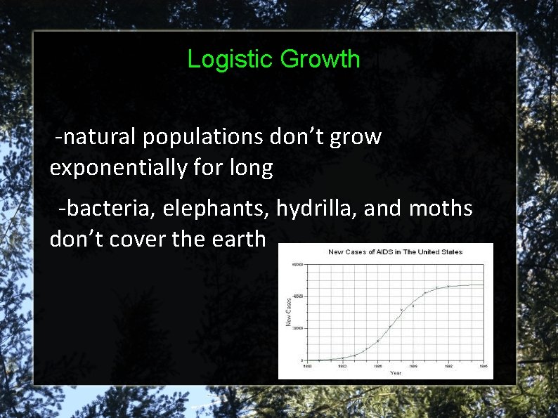 Logistic Growth -natural populations don’t grow exponentially for long -bacteria, elephants, hydrilla, and moths