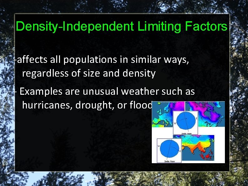 Density-Independent Limiting Factors -affects all populations in similar ways, regardless of size and density