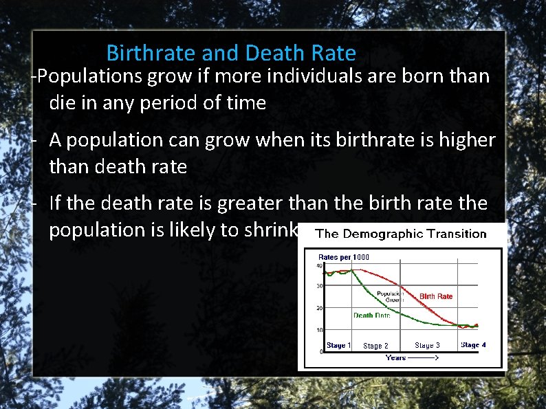 Birthrate and Death Rate -Populations grow if more individuals are born than die in