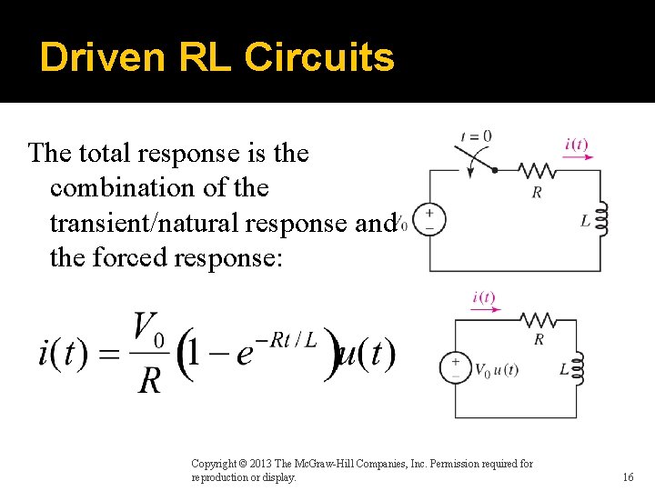 Driven RL Circuits The total response is the combination of the transient/natural response and