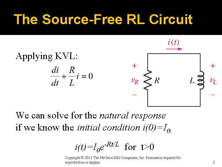 The Source-Free RL Circuit Applying KVL: We can solve for the natural response if