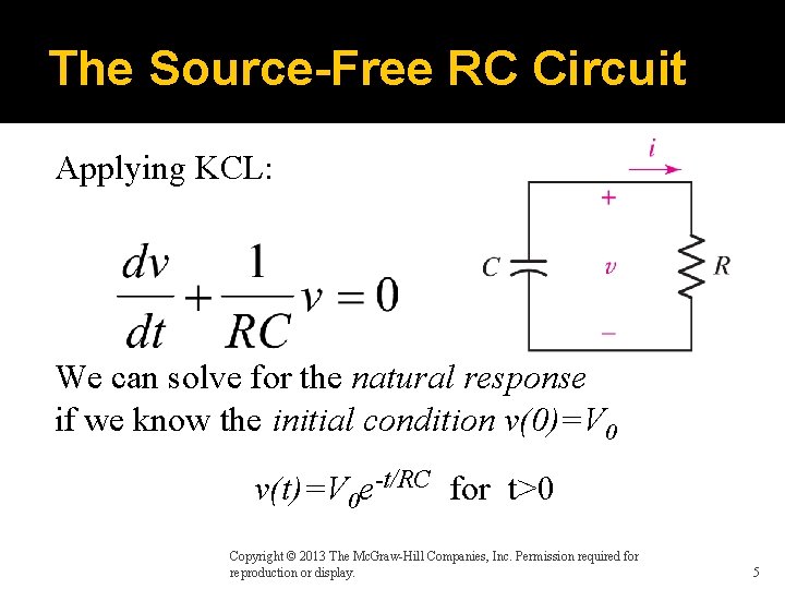 The Source-Free RC Circuit Applying KCL: We can solve for the natural response if