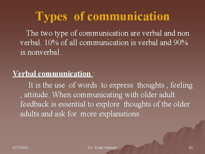 Types of communication The two type of communication are verbal and non verbal. 10%