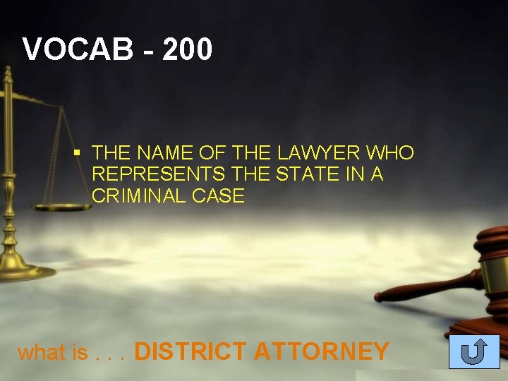 VOCAB - 200 § THE NAME OF THE LAWYER WHO REPRESENTS THE STATE IN