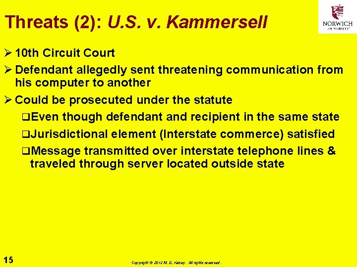 Threats (2): U. S. v. Kammersell Ø 10 th Circuit Court Ø Defendant allegedly