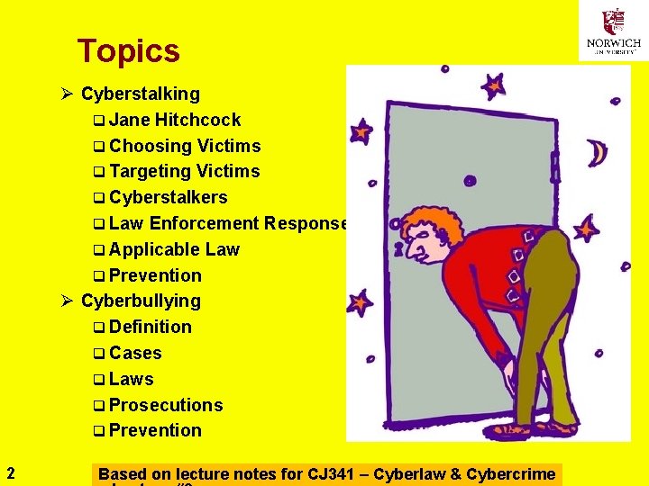 Topics Ø Cyberstalking q Jane Hitchcock q Choosing Victims q Targeting Victims q Cyberstalkers