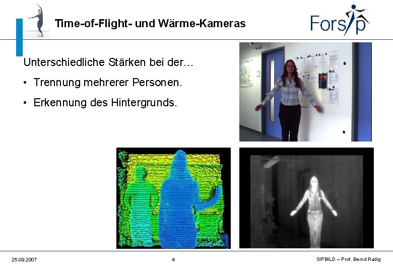 Time-of-Flight- und Wärme-Kameras Unterschiedliche Stärken bei der… • Trennung mehrerer Personen. • Erkennung des