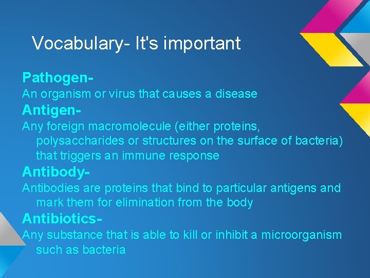 Vocabulary- It's important Pathogen. An organism or virus that causes a disease Antigen. Any Vocabulary- It's important Pathogen. An organism or virus that causes a disease Antigen. Any