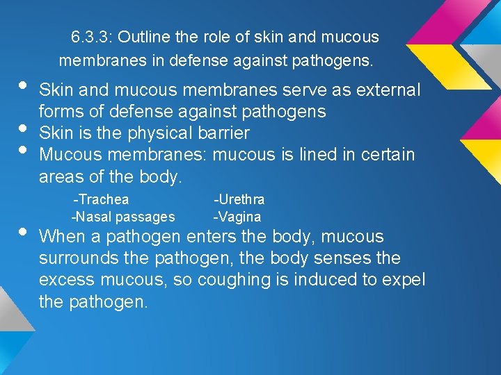 • • 6. 3. 3: Outline the role of skin and mucous membranes • • 6. 3. 3: Outline the role of skin and mucous membranes