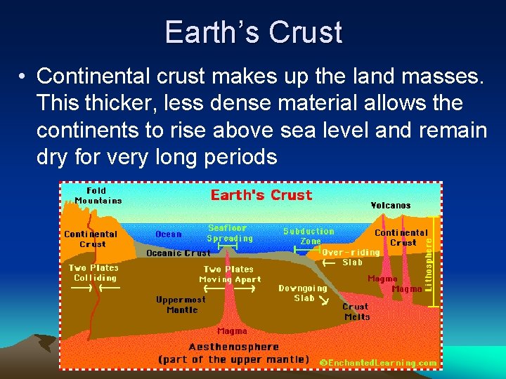 Earth’s Crust • Continental crust makes up the land masses. This thicker, less dense