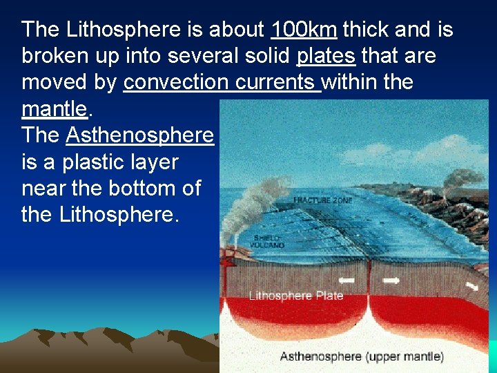 The Lithosphere is about 100 km thick and is broken up into several solid