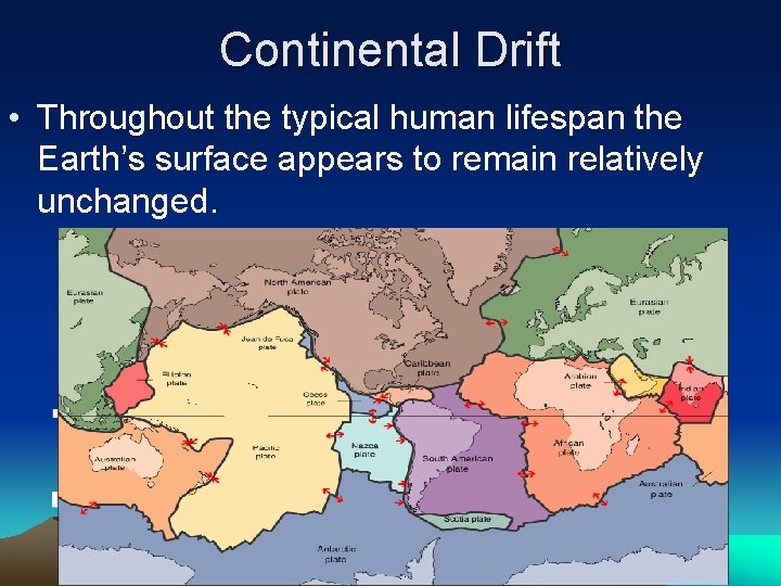 Continental Drift • Throughout the typical human lifespan the Earth’s surface appears to remain