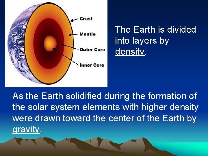 The Earth is divided into layers by density. As the Earth solidified during the
