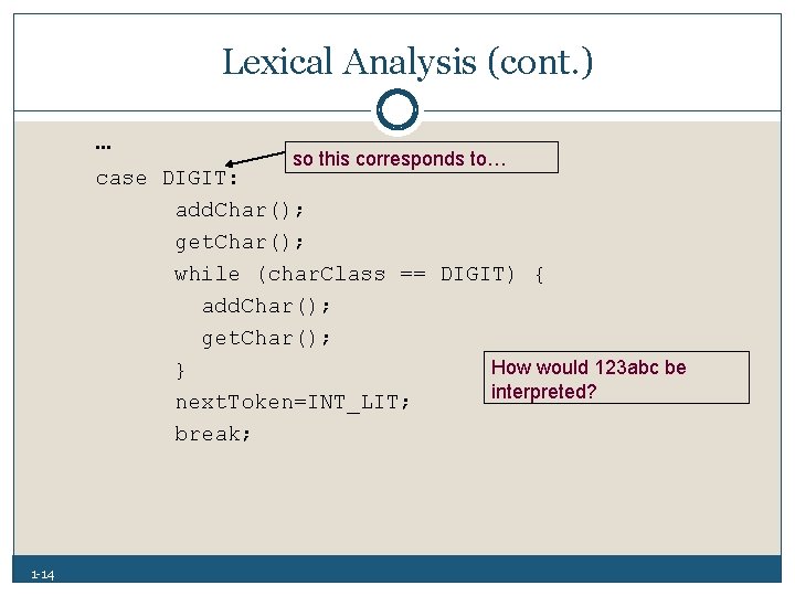 Lexical Analysis (cont. ) … so this corresponds to… case DIGIT: add. Char(); get.