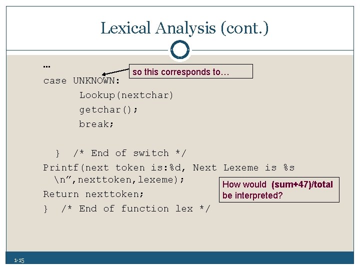 Lexical Analysis (cont. ) … so this corresponds to… case UNKNOWN: Lookup(nextchar) getchar(); break;