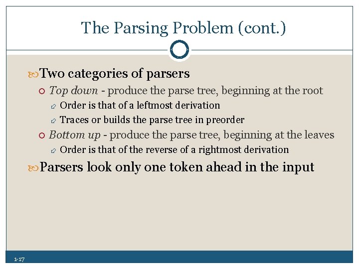 The Parsing Problem (cont. ) Two categories of parsers Top down produce the parse