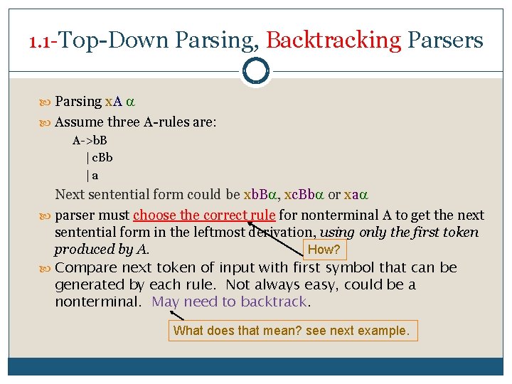 1. 1 Top Down Parsing, Backtracking Parsers Parsing x. A Assume three A rules
