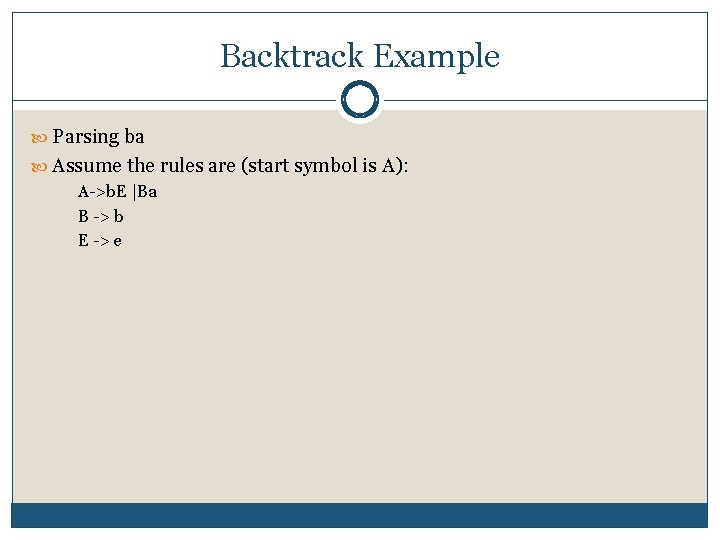 Backtrack Example Parsing ba Assume the rules are (start symbol is A): A >b.