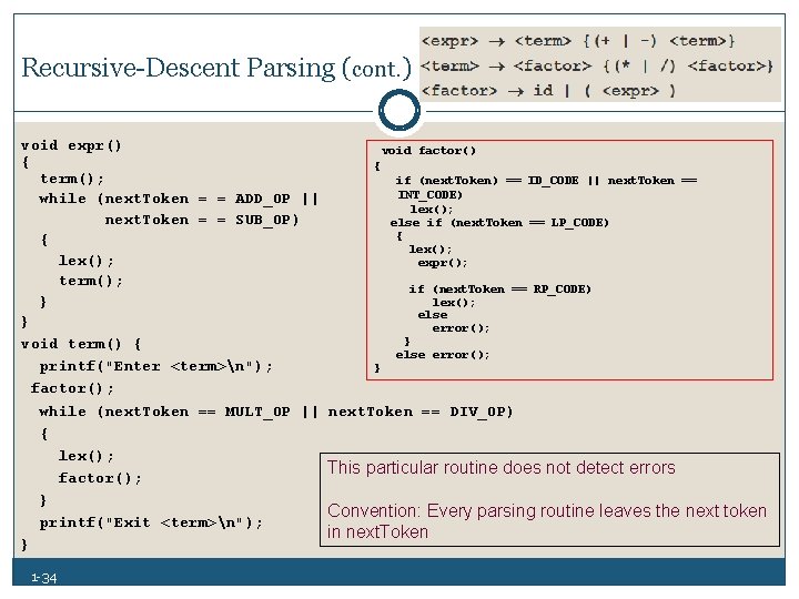 Recursive Descent Parsing (cont. ) void expr() void factor() { { term(); if (next.