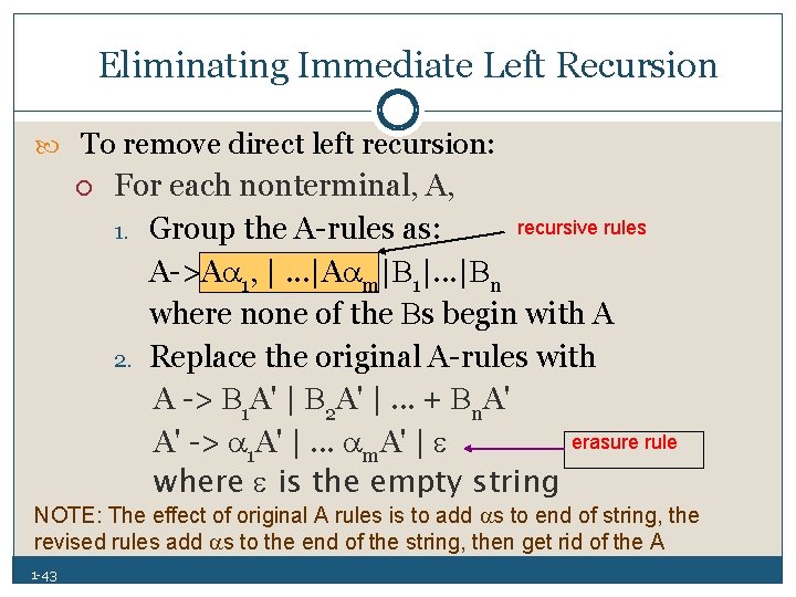 Eliminating Immediate Left Recursion To remove direct left recursion: For each nonterminal, A, recursive