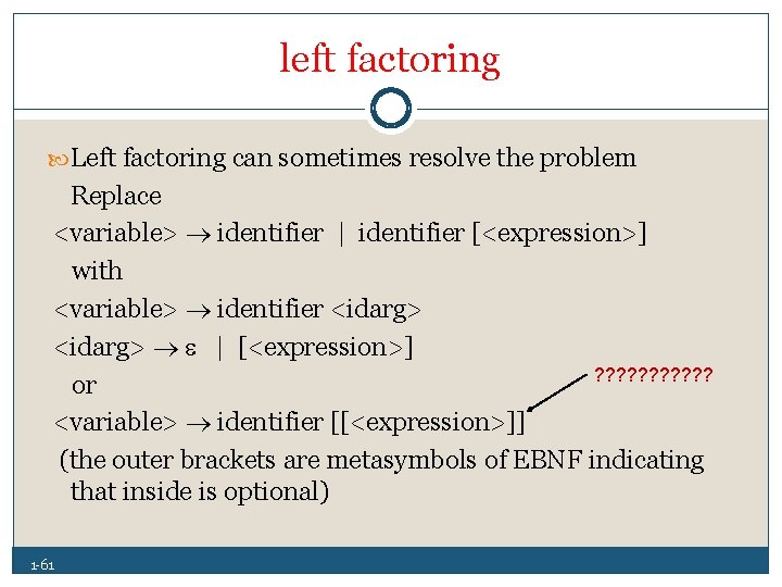 left factoring Left factoring can sometimes resolve the problem Replace <variable> identifier | identifier