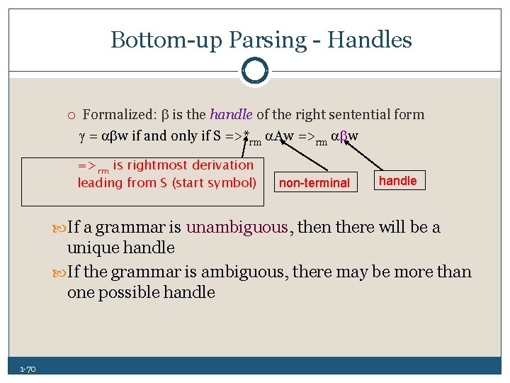 Bottom up Parsing Handles Formalized: is the handle of the right sentential form =